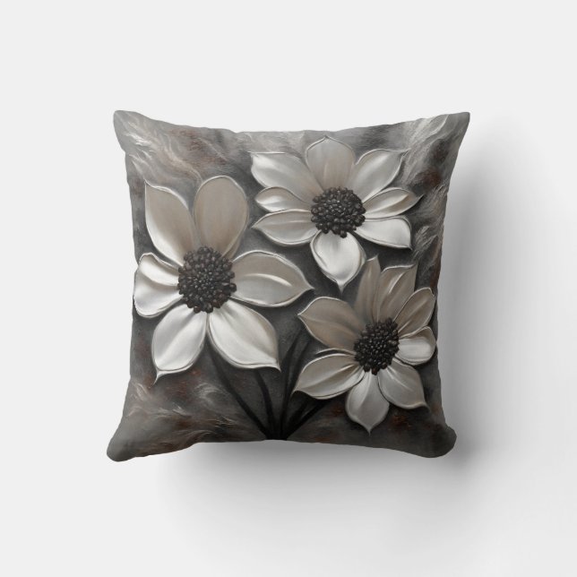 Silver Grey Black Modern Floral Throw Pillow (Back)