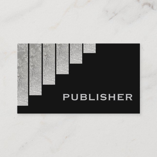 Silver grey, black vertical stripes publisher business card (Front)