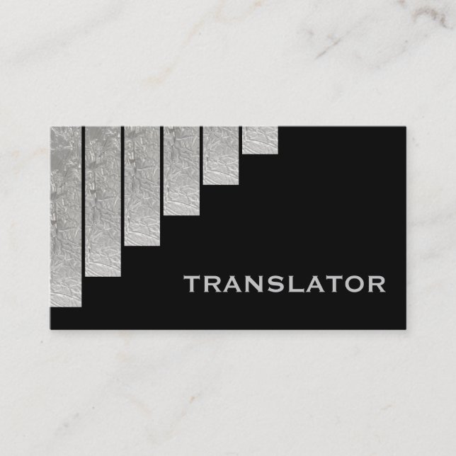 Silver grey, black vertical stripes translator business card (Front)