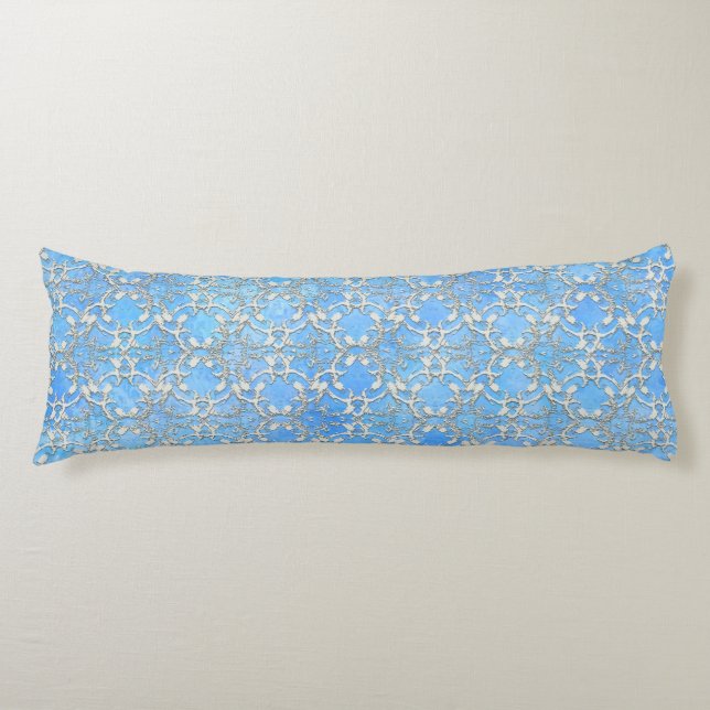 Silver Grey Blue Dancing Scrolls Pattern Body Pillow (Front)