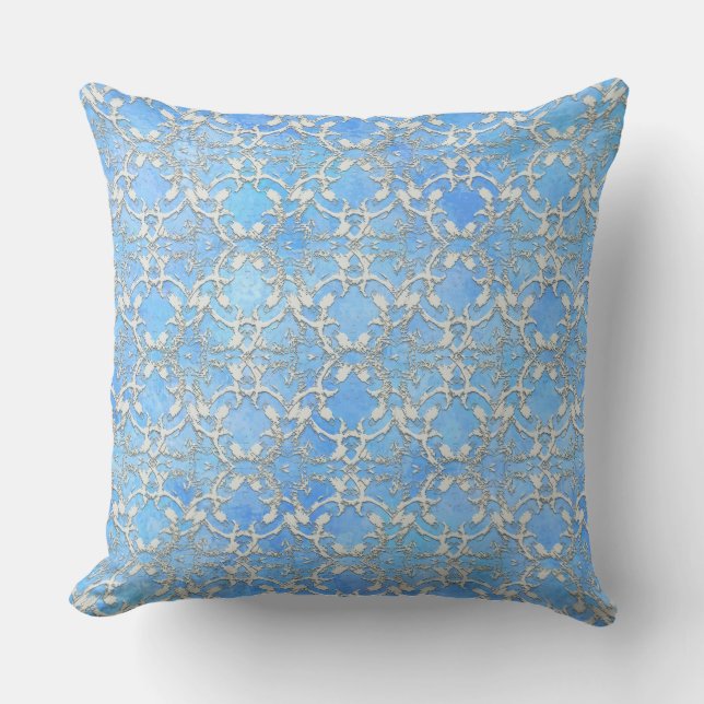 Silver Grey Blue Dancing Scrolls Pattern Outdoor Pillow (Front)