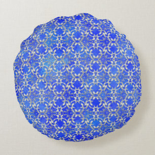 Silver Grey Blue Dancing Scrolls Pattern Round Pillow