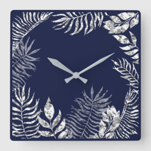 Silver Grey Blue Navy  Palm Botanical Metallic Square Wall Clock