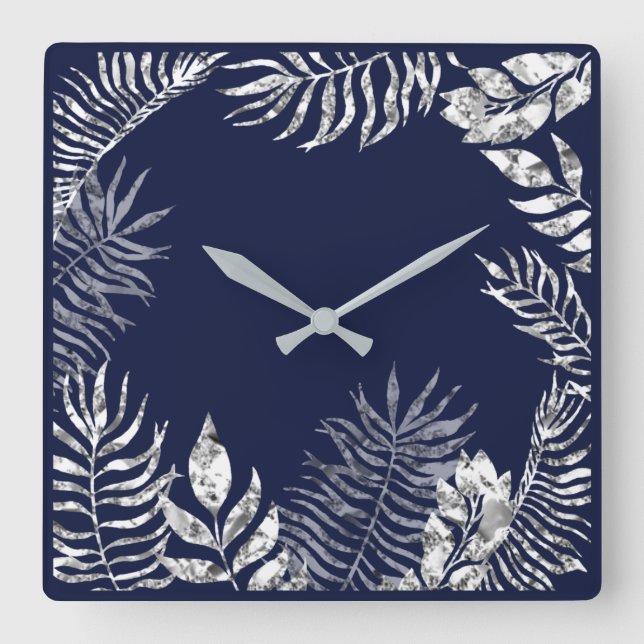 Silver Grey Blue Navy  Palm Botanical Metallic Square Wall Clock (Front)