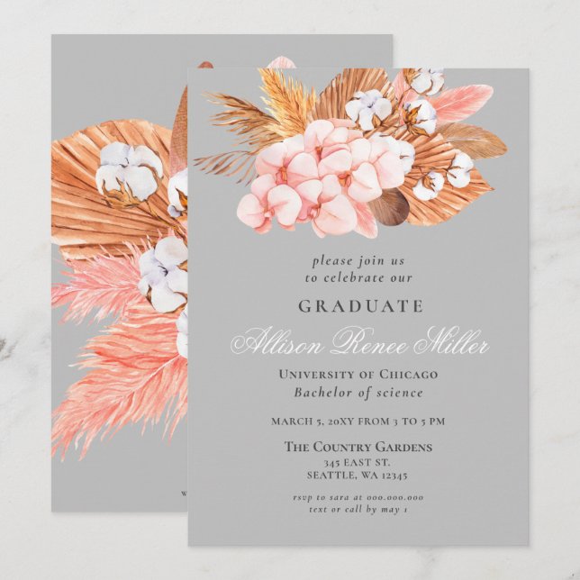 Silver Grey Boho Pampas Floral Graduation Party Invitation (Front/Back)