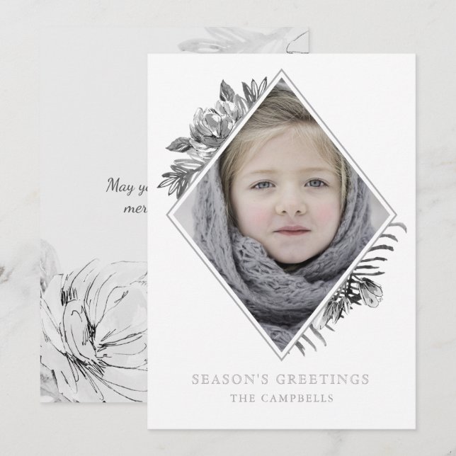 Silver Grey Botanical Elegant Photo Holiday Card (Front/Back)