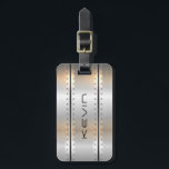 Silver-grey brushed aluminum geometric design luggage tag<br><div class="desc">Elegant image of shiny metallic silver-grey stripes geometric design with masculine accents and oversized name/monogram.</div>