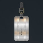 Silver-grey brushed aluminum geometric design luggage tag<br><div class="desc">Elegant image of shiny metallic silver-grey stripes geometric design with masculine accents and oversized name/monogram.</div>
