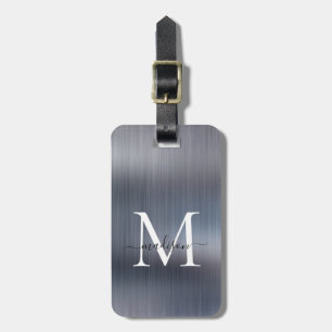 Silver Grey Brushed Metal Foil Script Monogram Luggage Tag