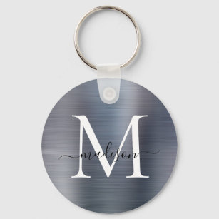 Silver Grey Brushed Metal Girly Script Monogram Keychain
