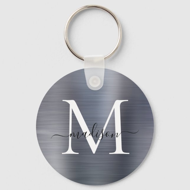 Silver Grey Brushed Metal Girly Script Monogram Keychain (Front)