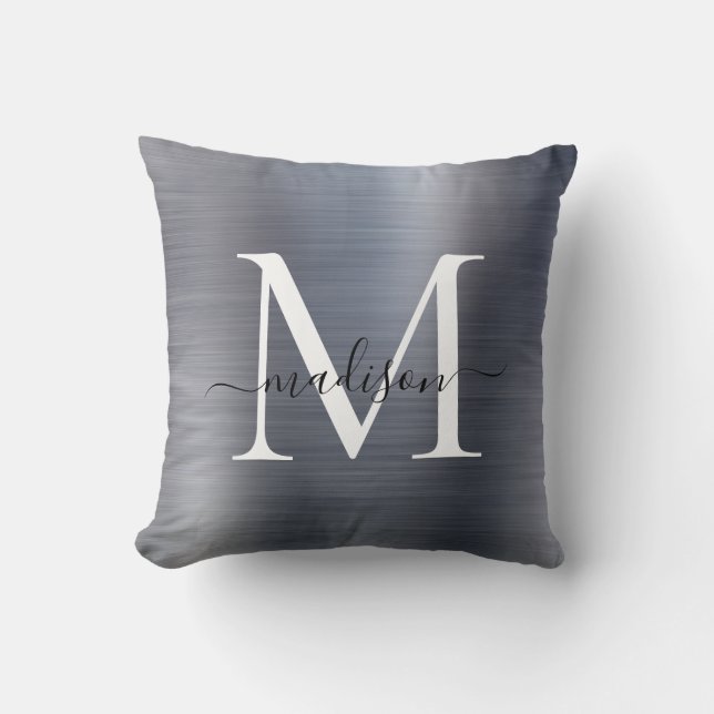 Silver Grey Brushed Metal Girly Script Monogram Throw Pillow (Front)