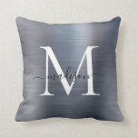 Silver Grey Brushed Metal Girly Script Monogram Throw Pillow<br><div class="desc">Modern Silver Grey Brushed Metal Girly Script Monogram Throw Pillow</div>