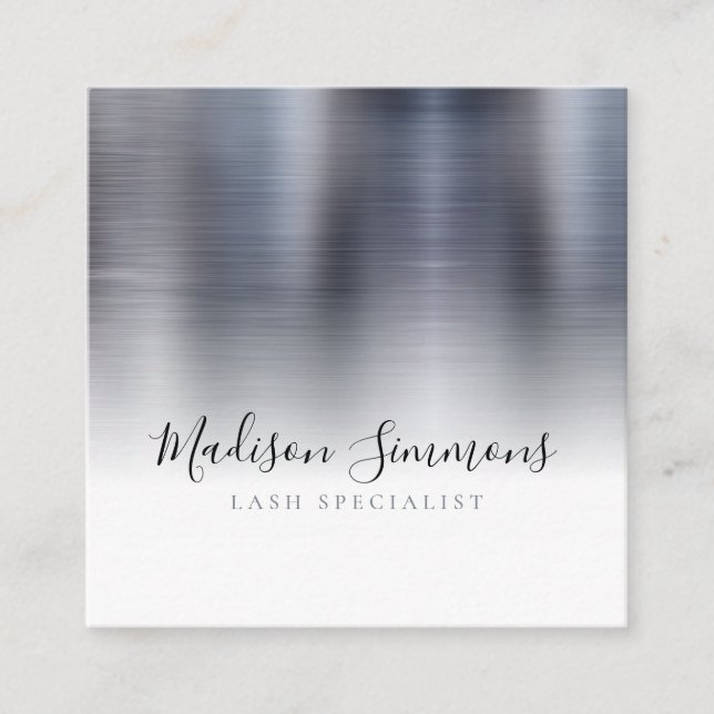 Silver Grey Brushed Metal Monogram Elegant Script Square Business Card (Front)