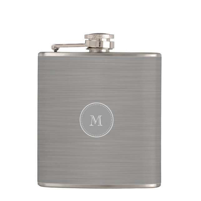 silver grey brushed metal texture and monogram hip flask (Front)