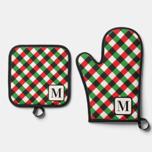 Silver Grey Buffalo Plaid Gingham Monogrammed Oven Mitt & Pot Holder Set