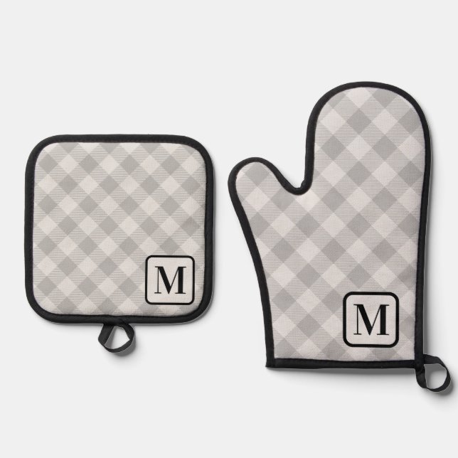 Silver Grey Buffalo Plaid Gingham Monogrammed Oven Mitt & Pot Holder Set (Front)