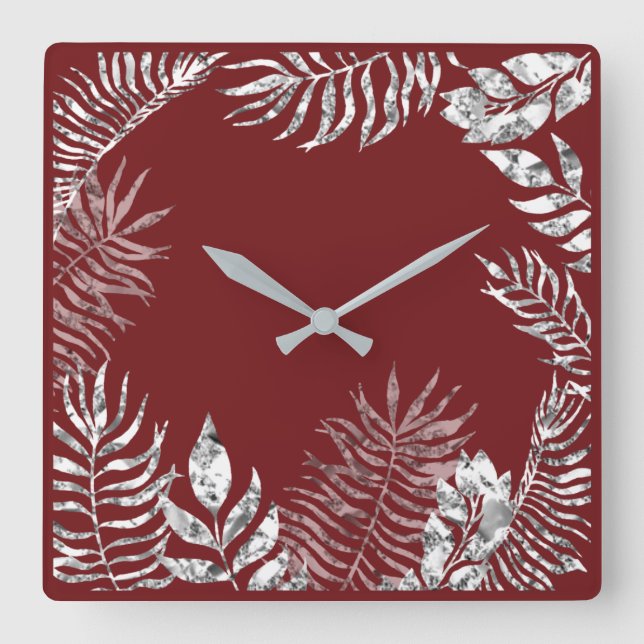 Silver Grey Burgundy Red Palm Botanical Metallic Square Wall Clock (Front)