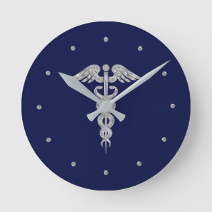 Silver Grey Caduceus on Navy Blue Round Clock