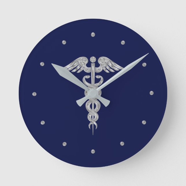 Silver Grey Caduceus on Navy Blue Round Clock (Front)