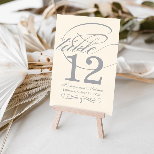 Silver Grey Calligraphy Script Monogram Wedding Table Number (Creator Uploaded)