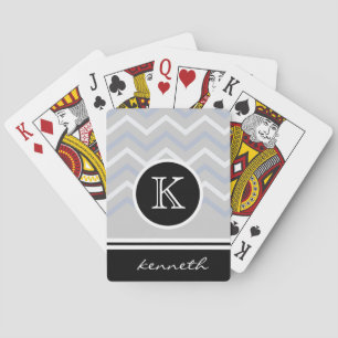 Silver Grey Chevron Black Monogram Name Custom Playing Cards
