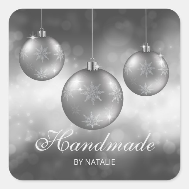 Silver Grey Christmas Baubles - Handmade -  Square Sticker (Front)