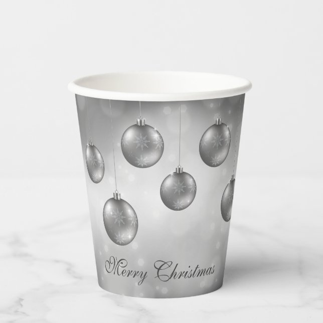 Silver Grey Christmas Baubles On Grey Bokeh Paper Cups (Front)