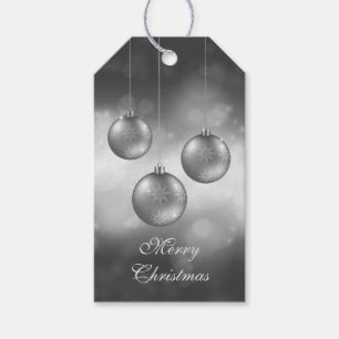 Silver Grey Christmas Baubles On Red Bokeh Gift Tags