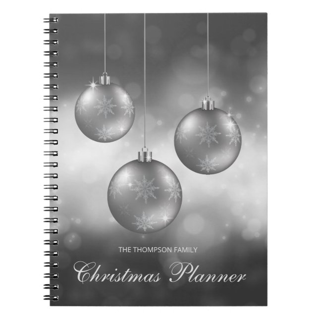 Silver Grey Christmas Baubles With Custom Text Notebook (Front)