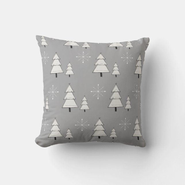 Silver grey Christmas with pines and snowflakes Throw Pillow (Front)