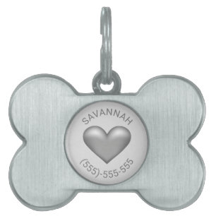 Silver Grey Colour Heart With Name And Phone Numbe Pet ID Tag