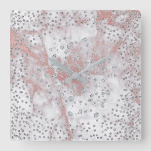Silver Grey Confetti Diamonds Crystals Marble PInk Square Wall Clock