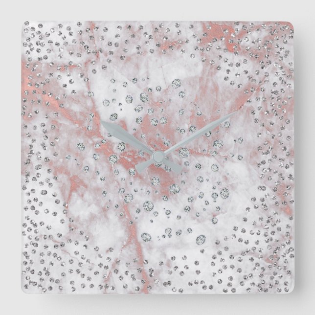 Silver Grey Confetti Diamonds Crystals Marble PInk Square Wall Clock (Front)