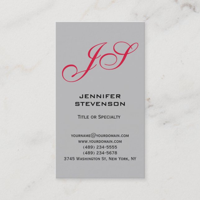 Silver Grey Crimson Red Monogram Business Card (Front)