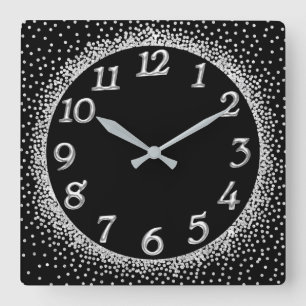Silver Grey Crystals Confetti Glitter Black Number Square Wall Clock
