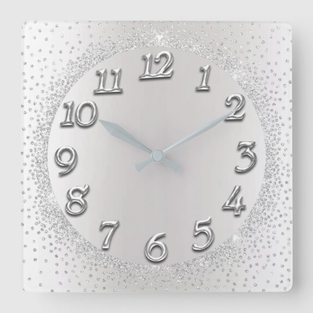 Silver Grey Crystals Confetti Glitter Blush Number Square Wall Clock (Front)