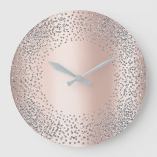 Silver Grey Crystals Confetti Glitter Gems Blush Large Clock