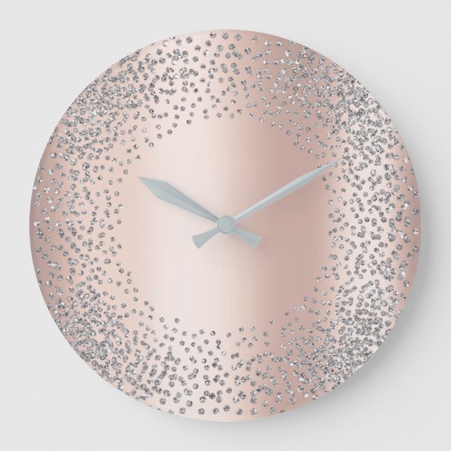 Silver Grey Crystals Confetti Glitter Gems Blush Large Clock (Front)