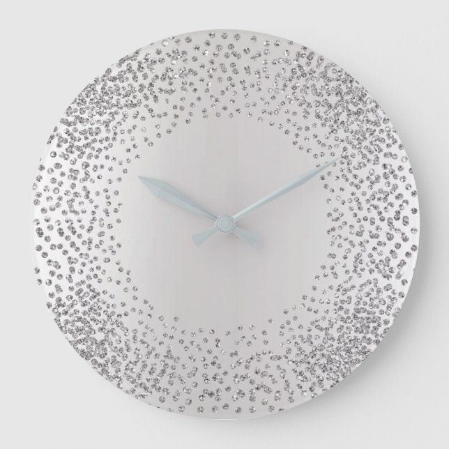 Silver Grey Crystals Confetti Glitter Gems MInimal Large Clock (Front)