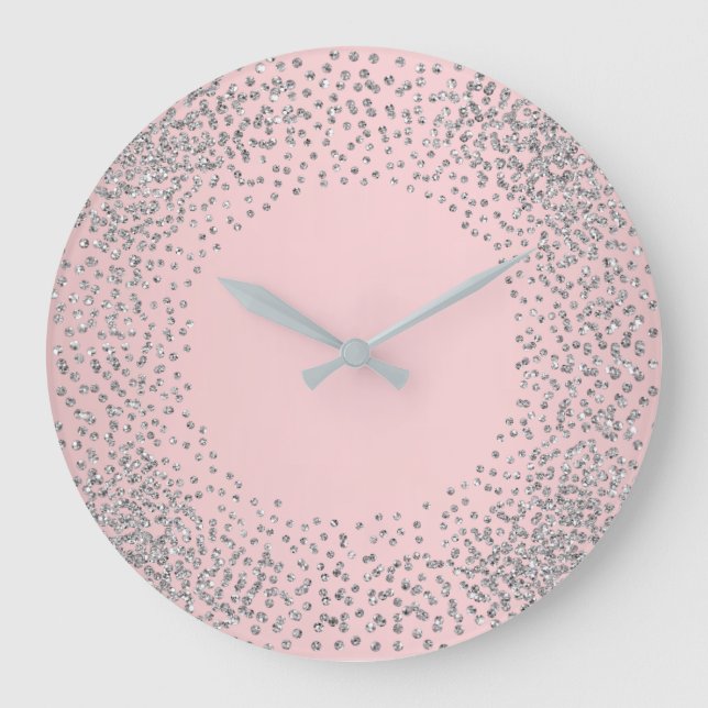 Silver Grey Crystals Confetti Glitter Gems Pink Large Clock (Front)