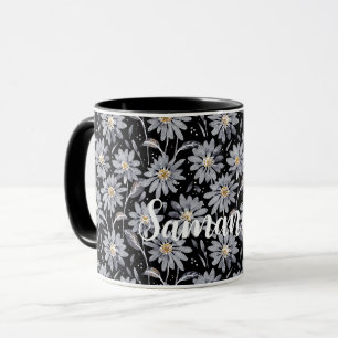 Silver Grey Daisies on Black Customizable Mug
