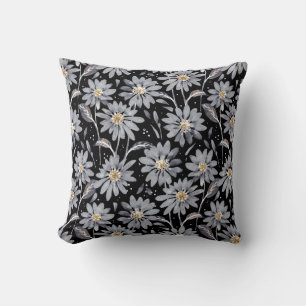 Silver Grey Daisies on Black Reversible Floral Throw Pillow