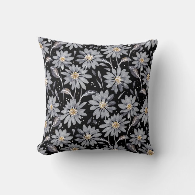Silver Grey Daisies on Black Reversible Floral Throw Pillow (Front)