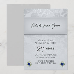 Silver Grey Damask And Blue Hearts Invitation