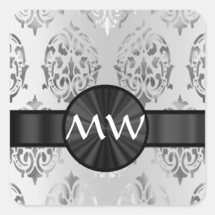Silver grey damask monogrammed square sticker