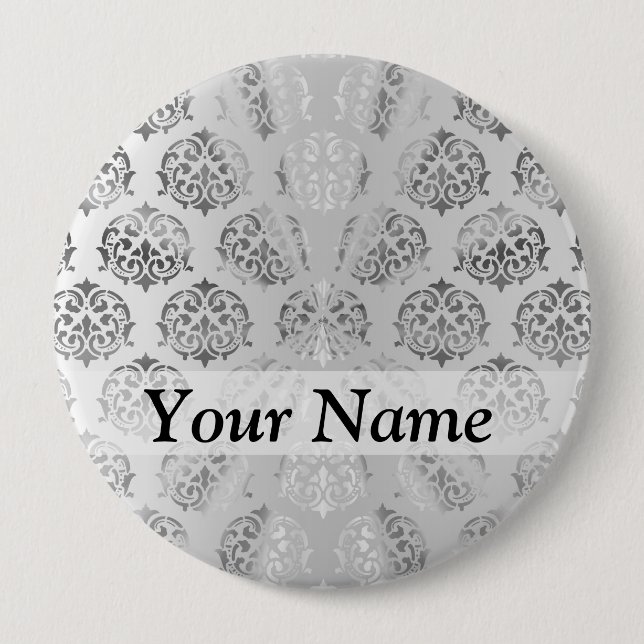 Silver grey damask pattern 4 inch round button (Front)