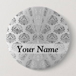 Silver grey damask pattern 4 inch round button