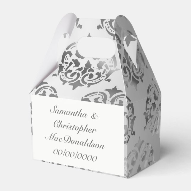 Silver grey damask pattern wedding favor box (Back Side)