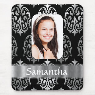 Silver grey damask personalized photo template mouse pad